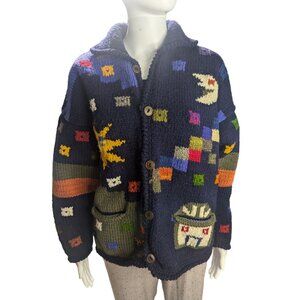 Artesanias Hand-Knitted Navy Cardigan 100% Wool Fun Patterns
